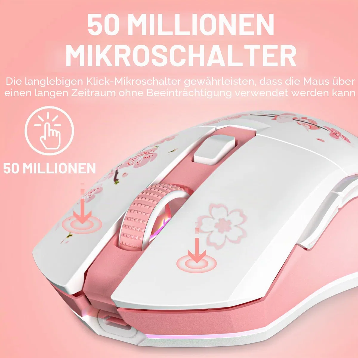 DAREU Sakura Pink Gaming Maus Kabellose mit Magnetic Charging Dock, 12K DPI, 6 Programmierbare Tasten, 300IPS 1000Hz
