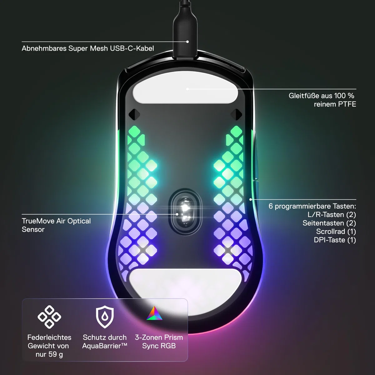 SteelSeries Aerox 3 Superleichte Gaming-Maus Optischer TrueMove Core Sensor 8500 CPI Wasserfest Schwarz