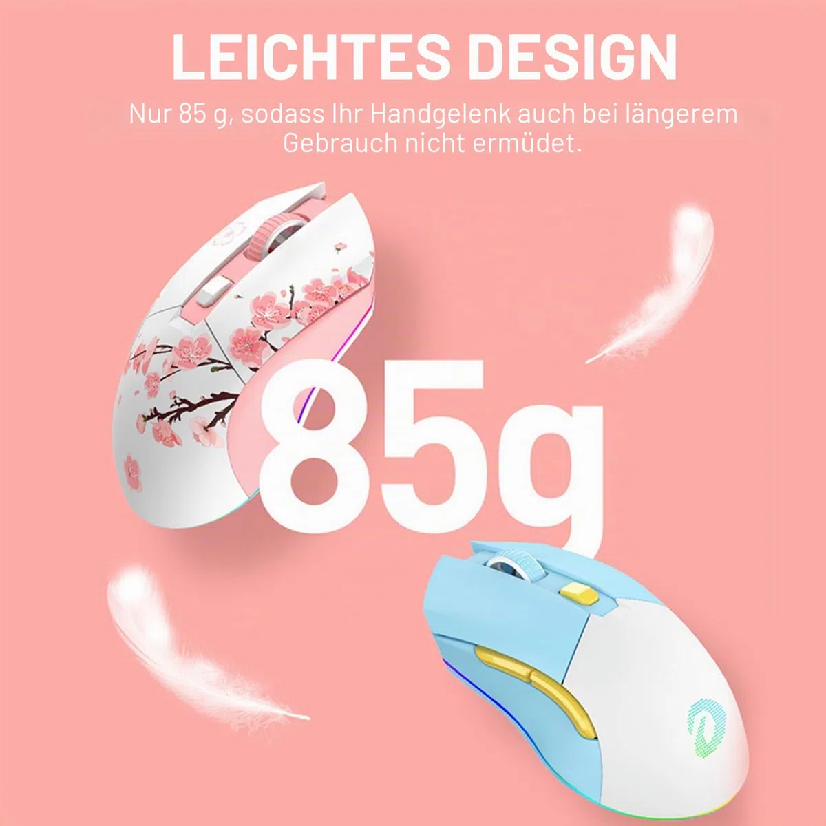 DAREU Sakura Pink Gaming Maus Kabellose mit Magnetic Charging Dock, 12K DPI, 6 Programmierbare Tasten, 300IPS 1000Hz