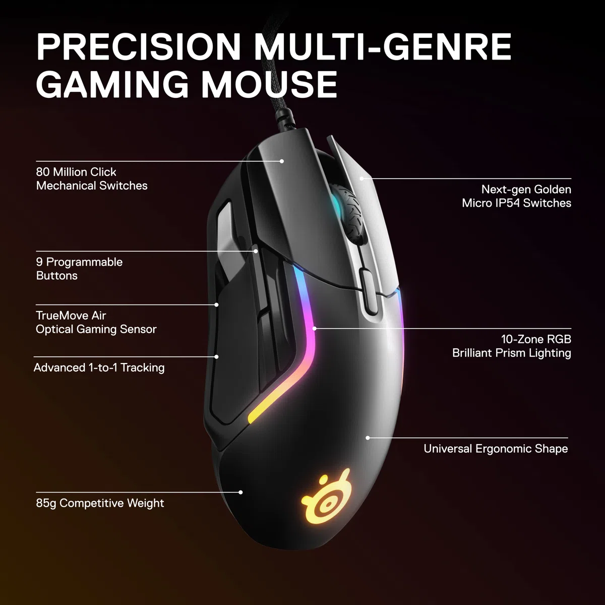 SteelSeries Rival 5 Gaming-Maus TrueMove Air Optische Sensor 18CPI 9 programmierbare Tasten 85 Gramm Schwarz