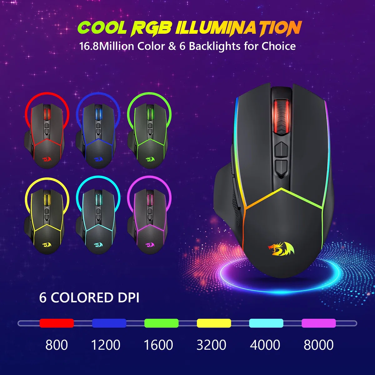 Redragon Kabellose Gaming Mouse, 2.4G/USB-C/Bluetooth, 8000 DPI, RGB, wiederaufladbar, M814