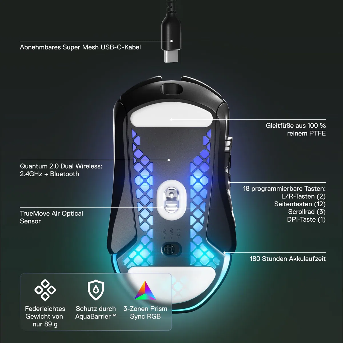 SteelSeries Aerox 9 Wireless RGB Gaming-Mouse 18 Tasten Bluetooth 2,4 GHz Optischer TrueMove Air-Sensor 18.000 DPI