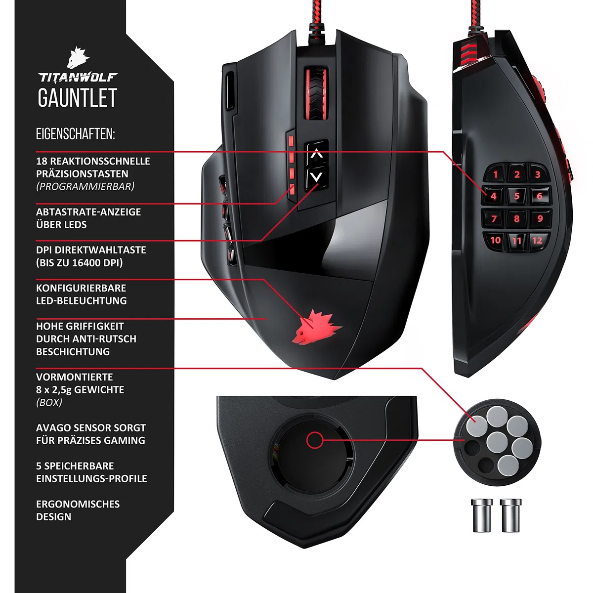 Titanwolf 16400 DPI USB Laser Gaming Mouse 18 Tasten Avago Sensor MMO programmierbare Tasten LED-Beleuchtung