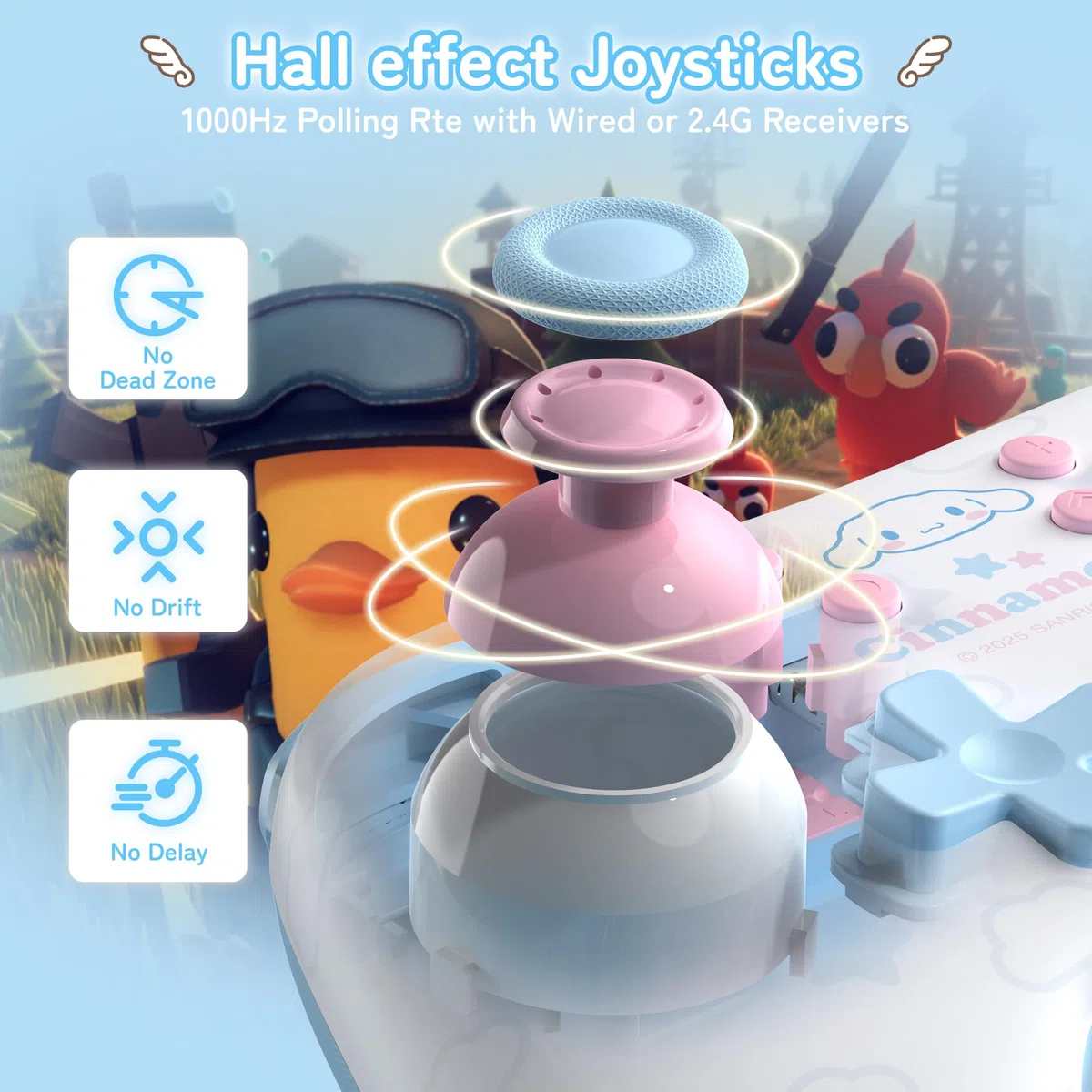 Kuitmor Wireless PC Controller mit RGB, Hall Effekt Joysticks, 1000 Hz, Turbo, Remappable Buttons, PC/Switch/iOS/Android/Linux, Blau Cinnamoroll