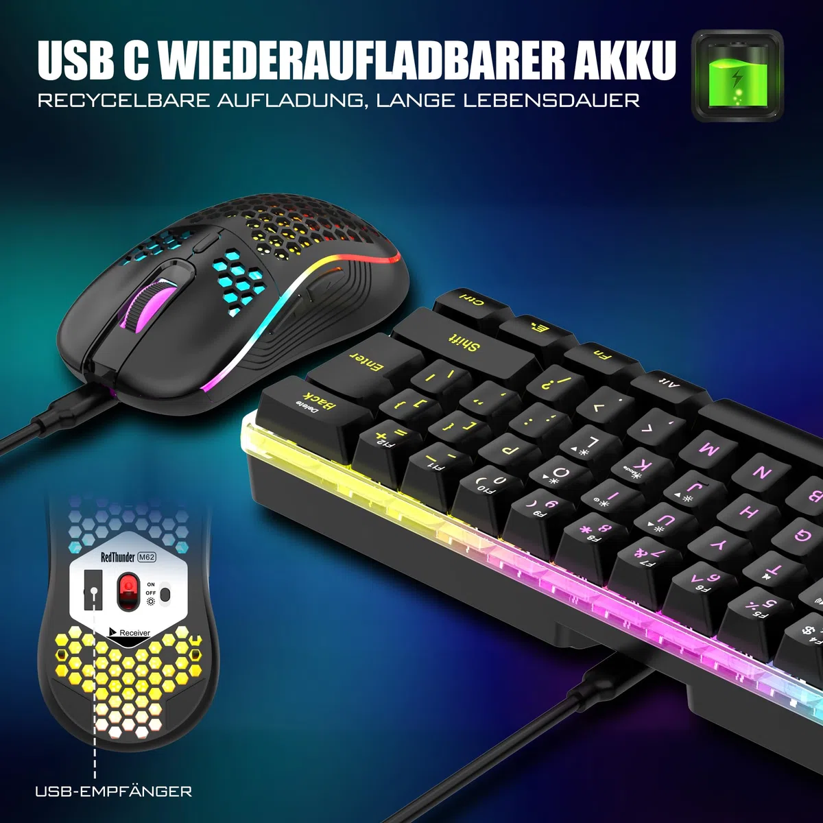 RedThunder 60% Kabelloses RGB Gaming Tastatur und Maus Set, QWERTZ DE Layout, Wiederaufladbar, Ultraleichte Maus mit Wabenkonstruktion