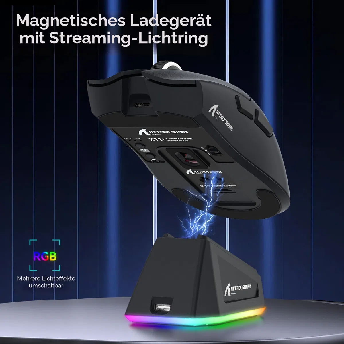 ATTACK SHARK X11 Gaming Mouse mit Magnetic Charging Dock, PixArt PAW3311 Sensor, 22000 DPI, BT/2.4G Wireless/Wired, Schwarz