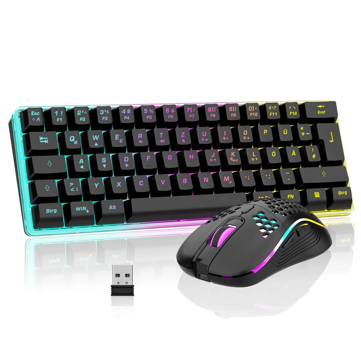 RedThunder 60% Kabelloses RGB Gaming Tastatur und Maus Set, QWERTZ DE Layout, Wiederaufladbar, Ultraleichte Maus mit Wabenkonstruktion