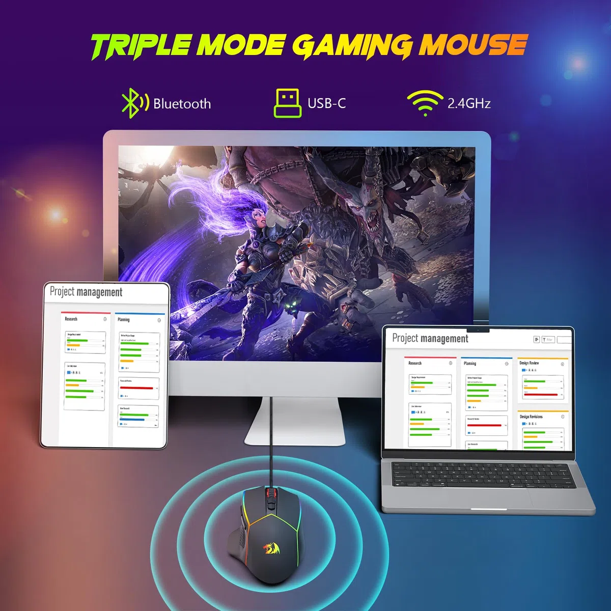 Redragon Kabellose Gaming Mouse, 2.4G/USB-C/Bluetooth, 8000 DPI, RGB, wiederaufladbar, M814