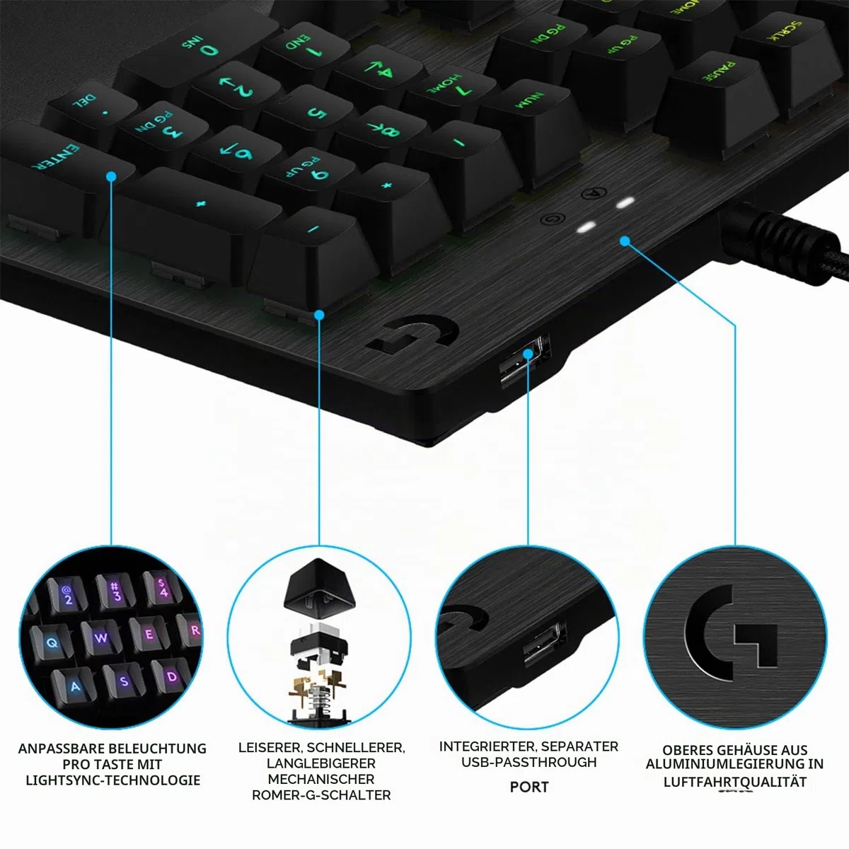 Logitech G512 mechanische Gaming-Tastatur GX-Blue Clicky Switches LIGHTSYNC RGB Aluminium-Gehäuse Skandinavisches Layout Schwarz