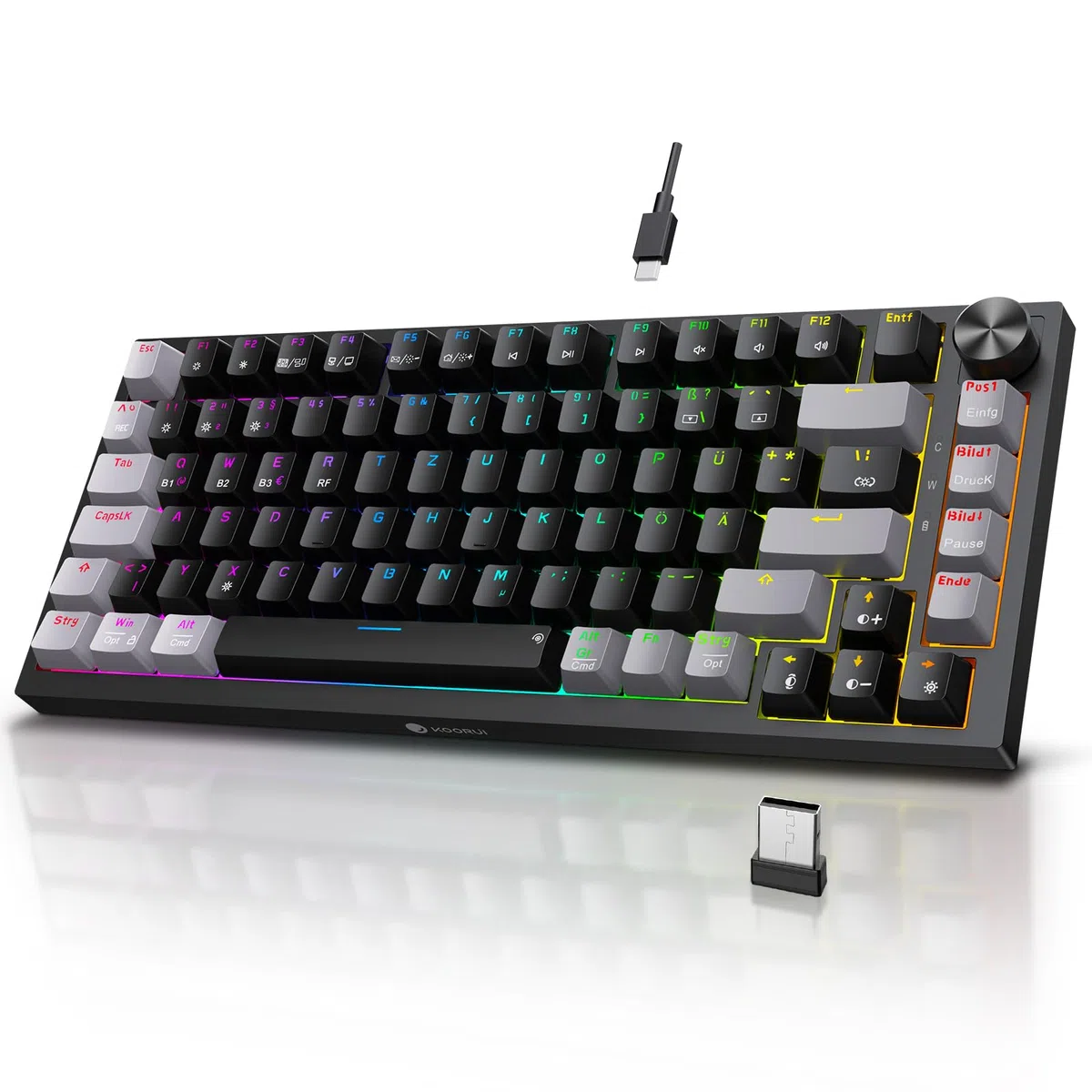 KOORUI Mechanische Gaming Tastatur, Kabellos/Kabelgebunden/Bluetooth, 26 RGB, Wiederaufladbar 4000mAh, 82 Tasten Deutsches Layout QWERTZ, Roter Schalter