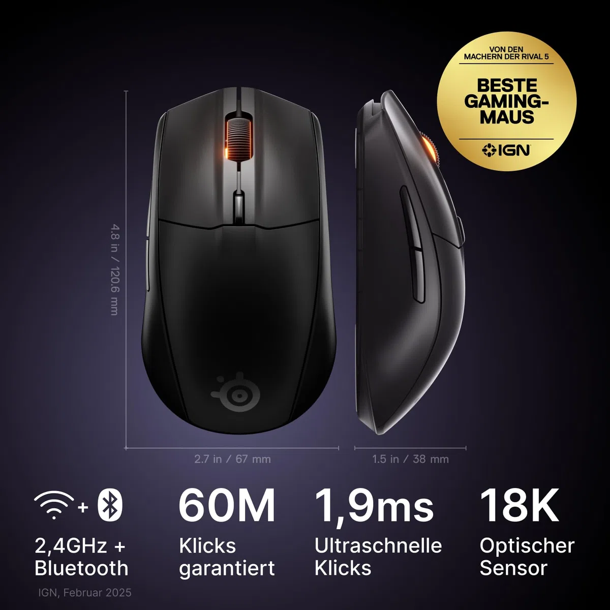 SteelSeries Rival 3 Wireless Gen 2 Gaming-Maus – 2,4 GHz Bluetooth – 18.000 DPI TrueMove Air-Optiksensor – 60 Mio. Klicks – PTFE-Gleitfüße – Schwarz