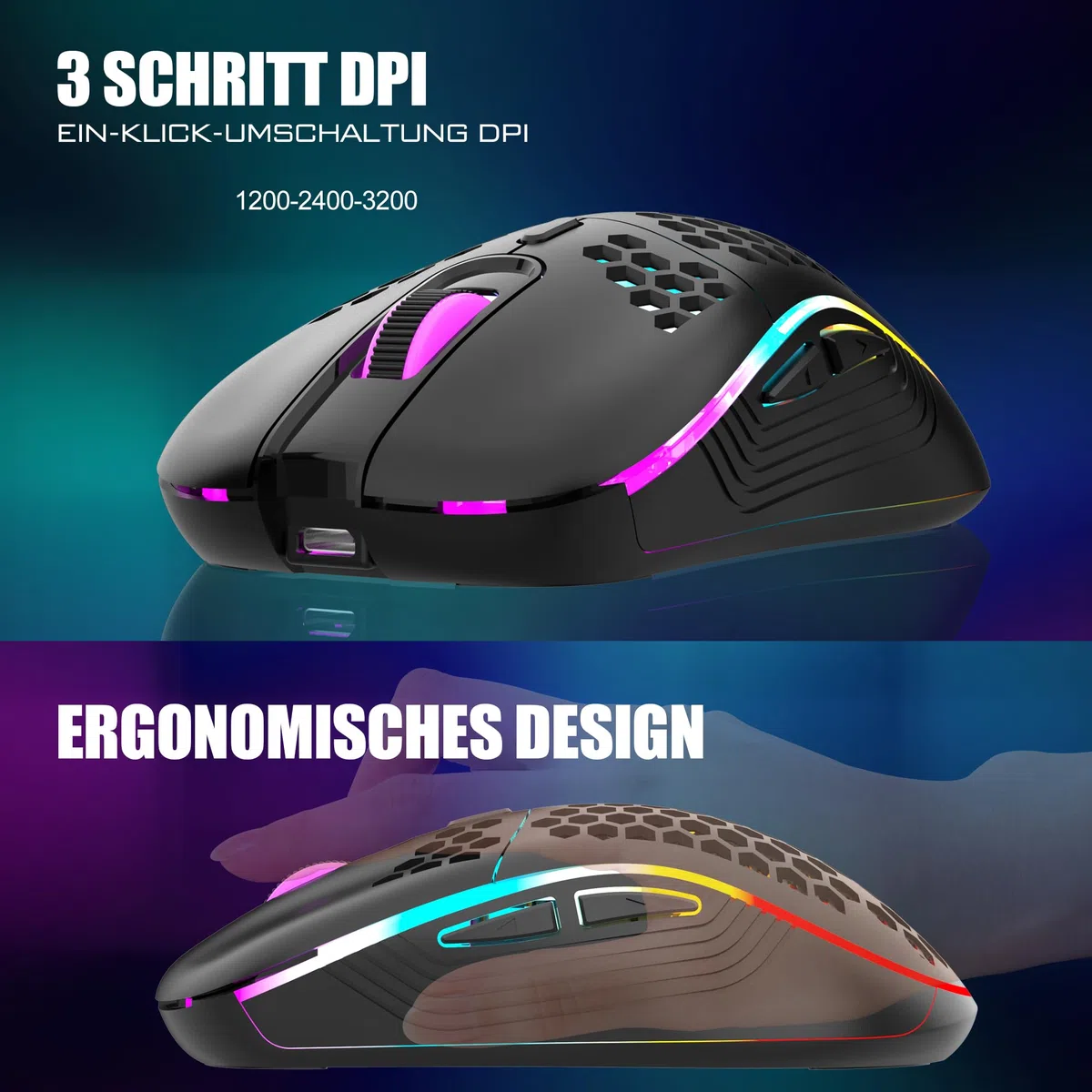 RedThunder 60% Kabelloses RGB Gaming Tastatur und Maus Set, QWERTZ DE Layout, Wiederaufladbar, Ultraleichte Maus mit Wabenkonstruktion