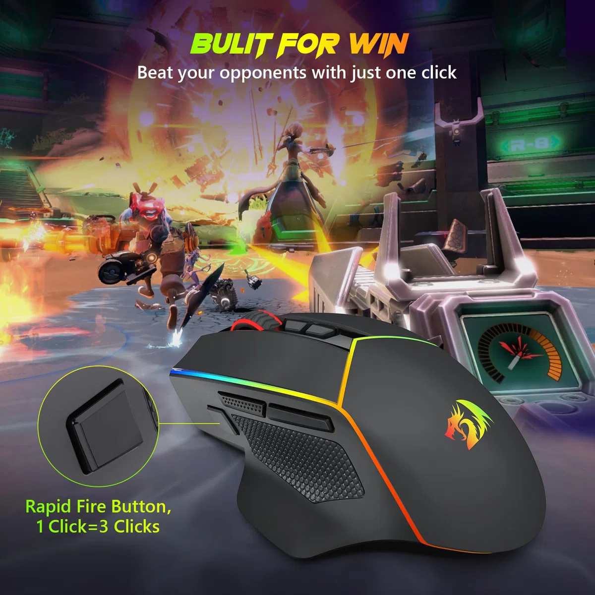 Redragon Kabellose Gaming Mouse, 2.4G/USB-C/Bluetooth, 8000 DPI, RGB, wiederaufladbar, M814