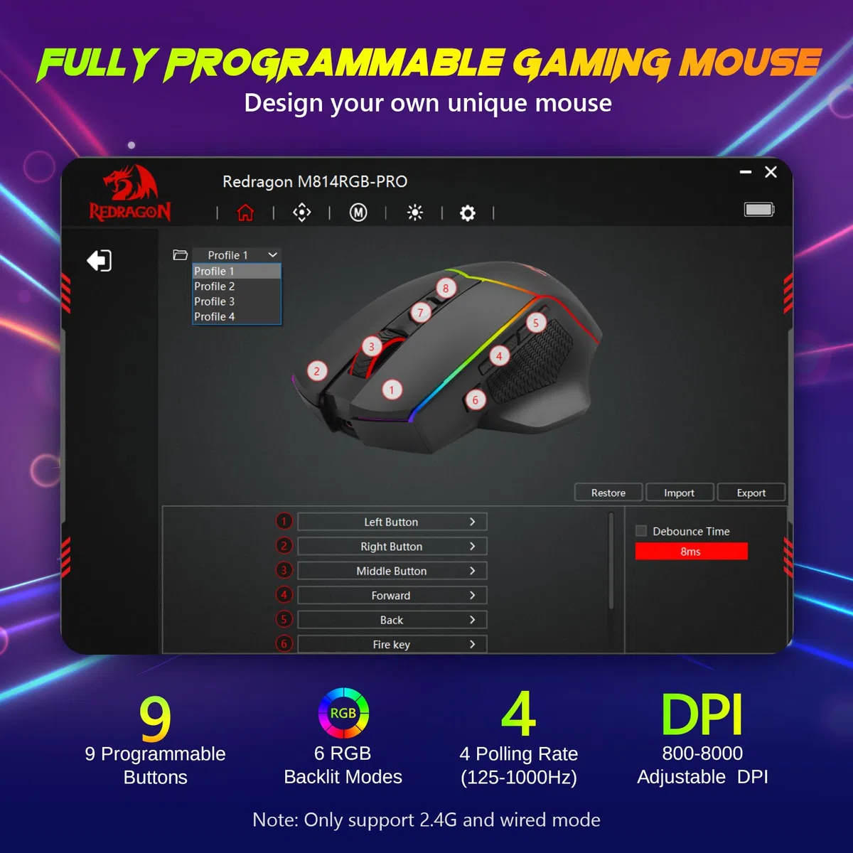 Redragon Kabellose Gaming Mouse, 2.4G/USB-C/Bluetooth, 8000 DPI, RGB, wiederaufladbar, M814