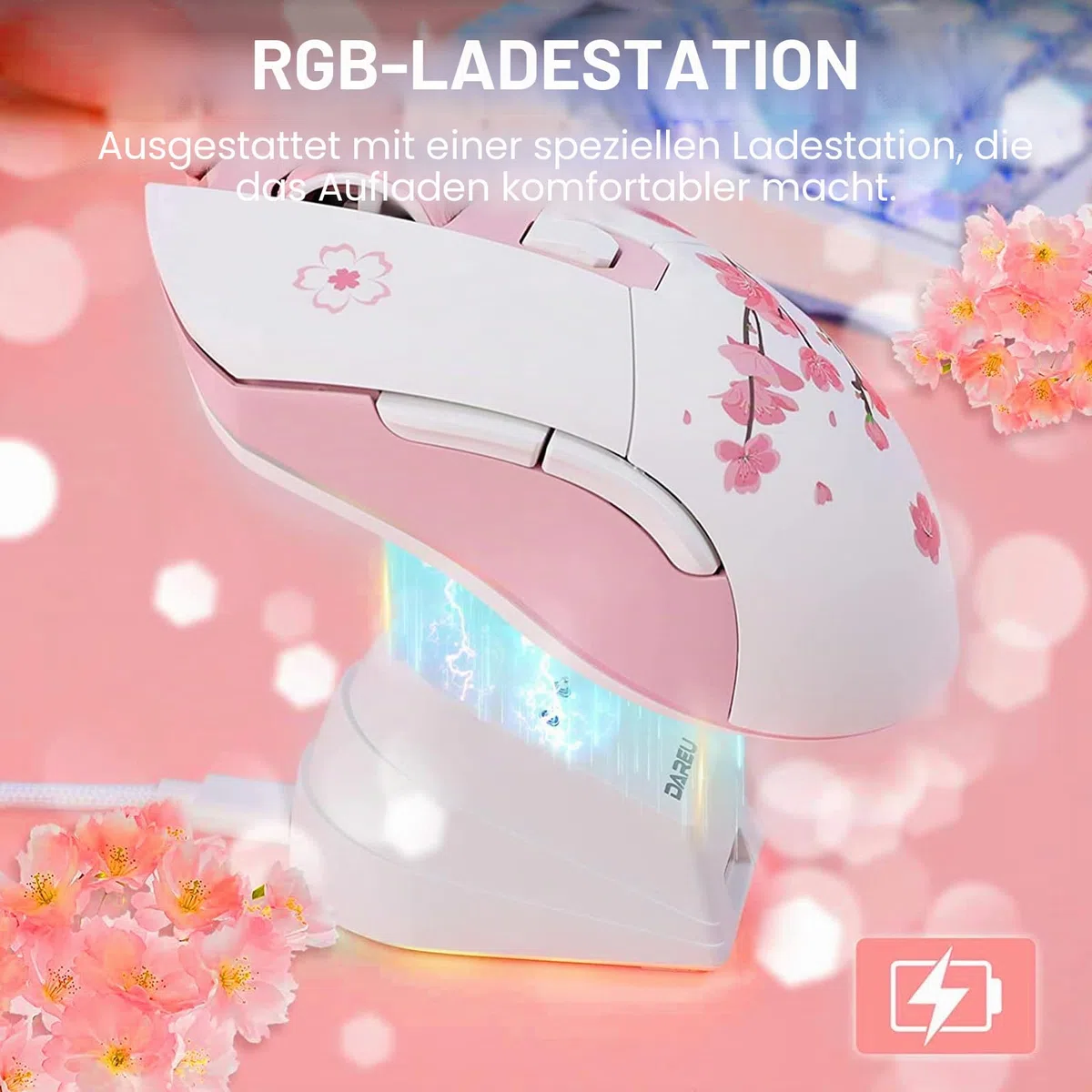 DAREU Sakura Pink Gaming Maus Kabellose mit Magnetic Charging Dock, 12K DPI, 6 Programmierbare Tasten, 300IPS 1000Hz