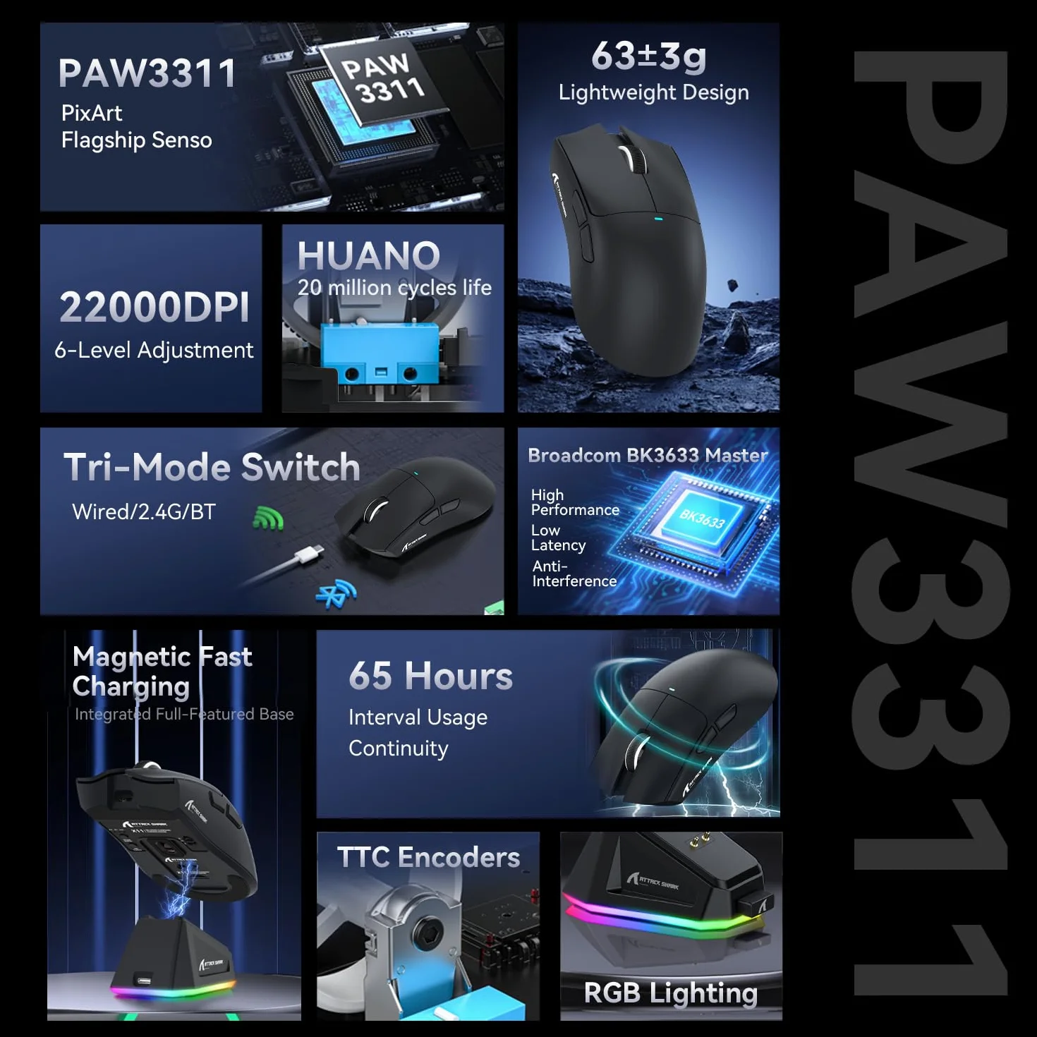 ATTACK SHARK X11 Gaming Mouse mit Magnetic Charging Dock, PixArt PAW3311 Sensor, 22000 DPI, BT/2.4G Wireless/Wired, Schwarz