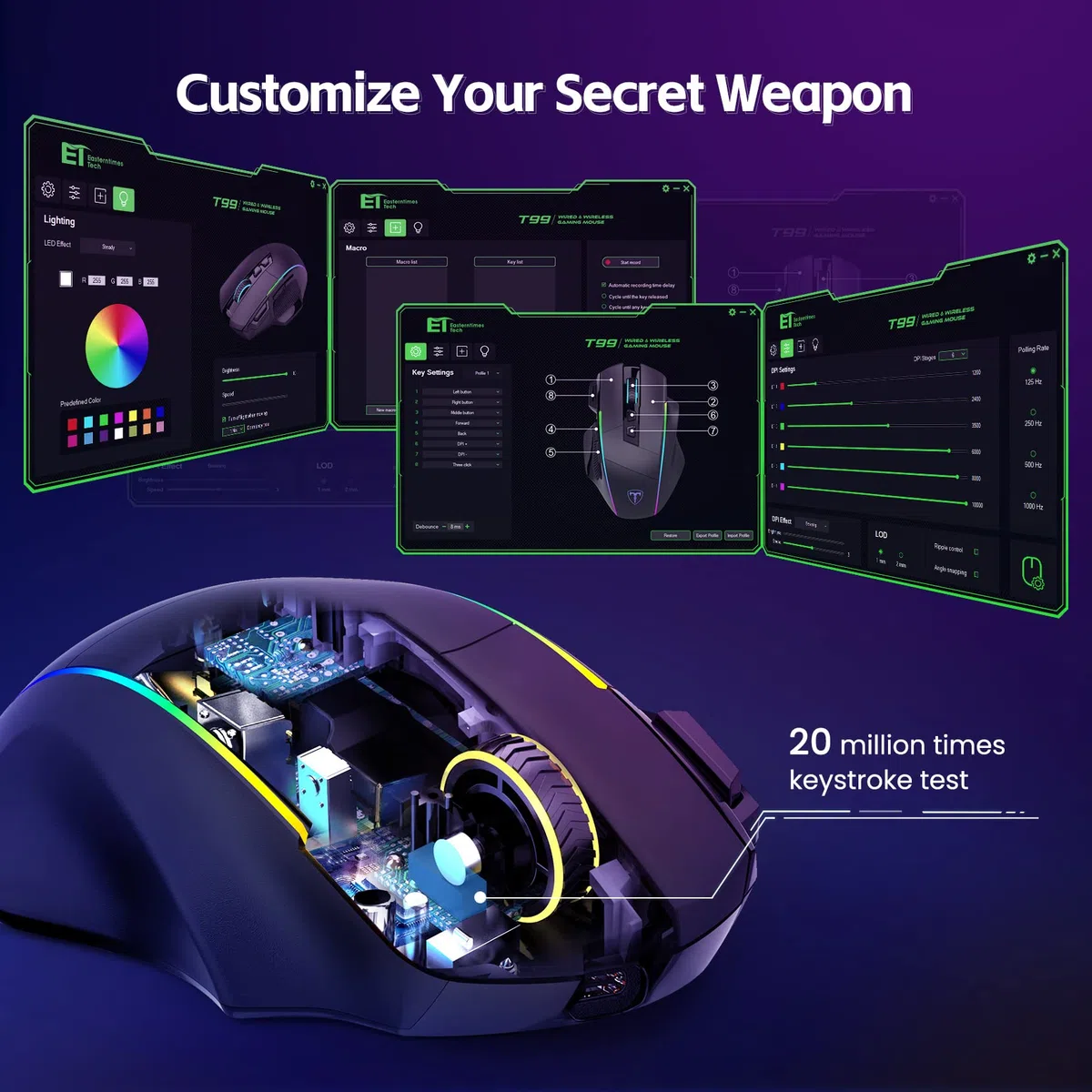 RisoPhy Gaming Maus Kabellose RGB 2.4G USB-C Bluetooth 10000DPI 8 Programmierbare Tasten Ergonomische Maus für PC Mac Gamer