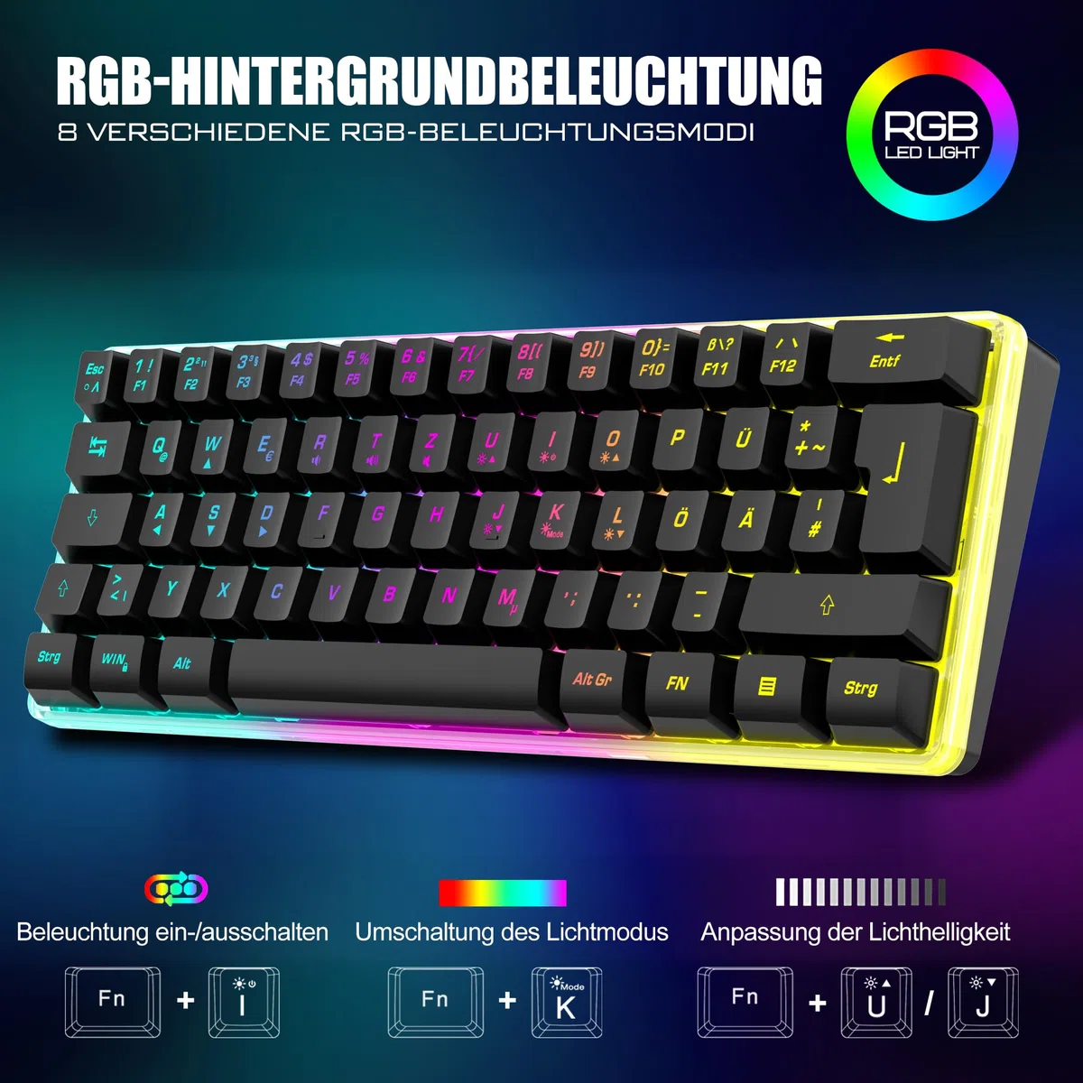 RedThunder 60% Kabelloses RGB Gaming Tastatur und Maus Set, QWERTZ DE Layout, Wiederaufladbar, Ultraleichte Maus mit Wabenkonstruktion