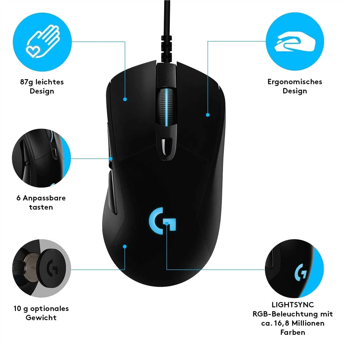 Logitech G403 HERO Gaming-Maus, HERO 25K DPI Sensor, LIGHTSYNC RGB, 87g, 10g Gewicht, geflochtenes Kabel, Schwarz