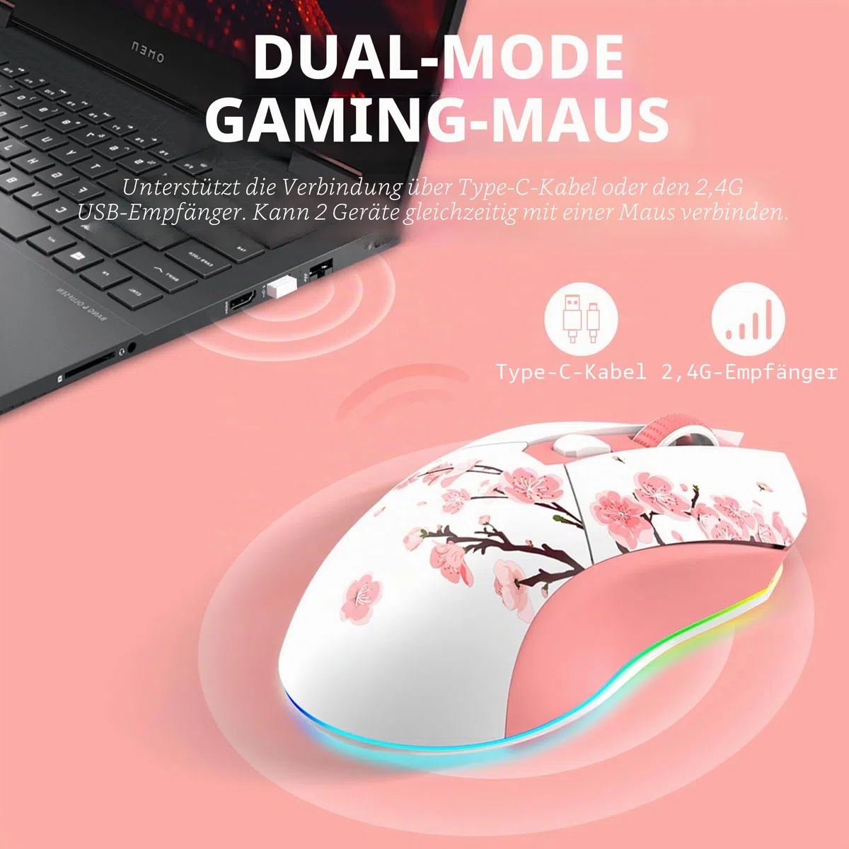 DAREU Sakura Pink Gaming Maus Kabellose mit Magnetic Charging Dock, 12K DPI, 6 Programmierbare Tasten, 300IPS 1000Hz