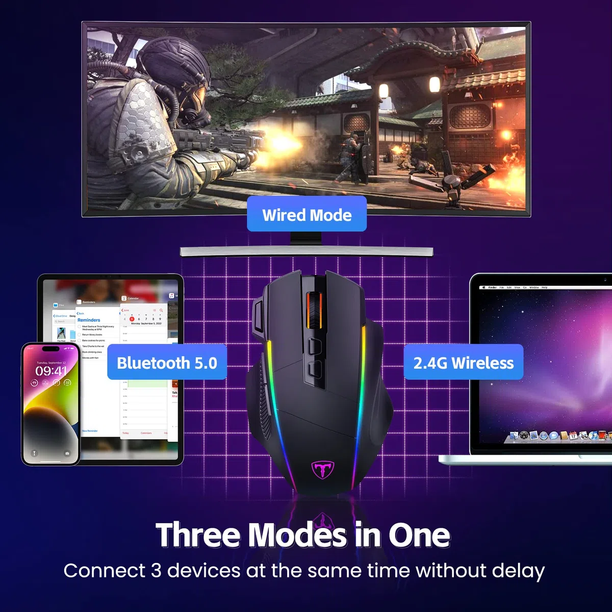 RisoPhy Gaming Maus Kabellose RGB 2.4G USB-C Bluetooth 10000DPI 8 Programmierbare Tasten Ergonomische Maus für PC Mac Gamer