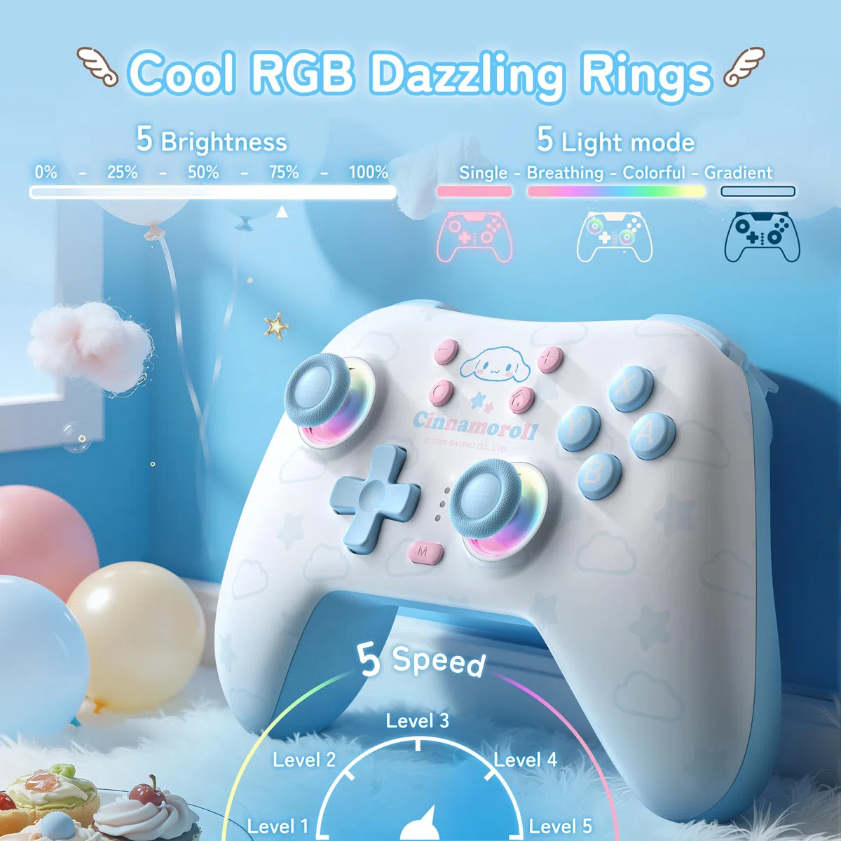 Kuitmor Wireless PC Controller mit RGB, Hall Effekt Joysticks, 1000 Hz, Turbo, Remappable Buttons, PC/Switch/iOS/Android/Linux, Blau Cinnamoroll