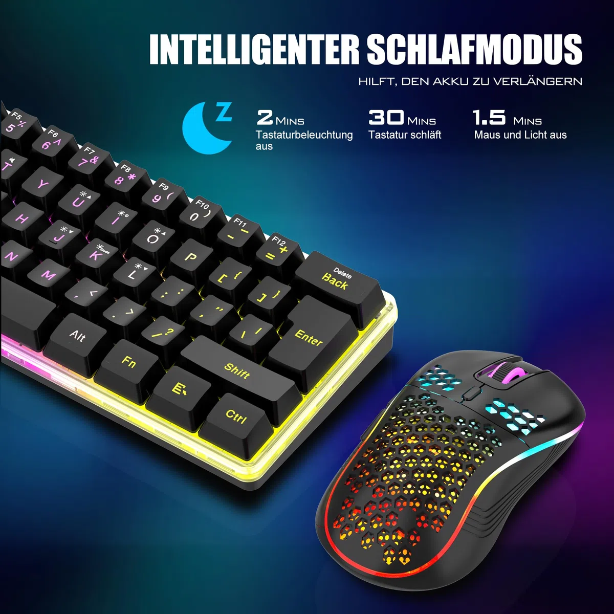 RedThunder 60% Kabelloses RGB Gaming Tastatur und Maus Set, QWERTZ DE Layout, Wiederaufladbar, Ultraleichte Maus mit Wabenkonstruktion