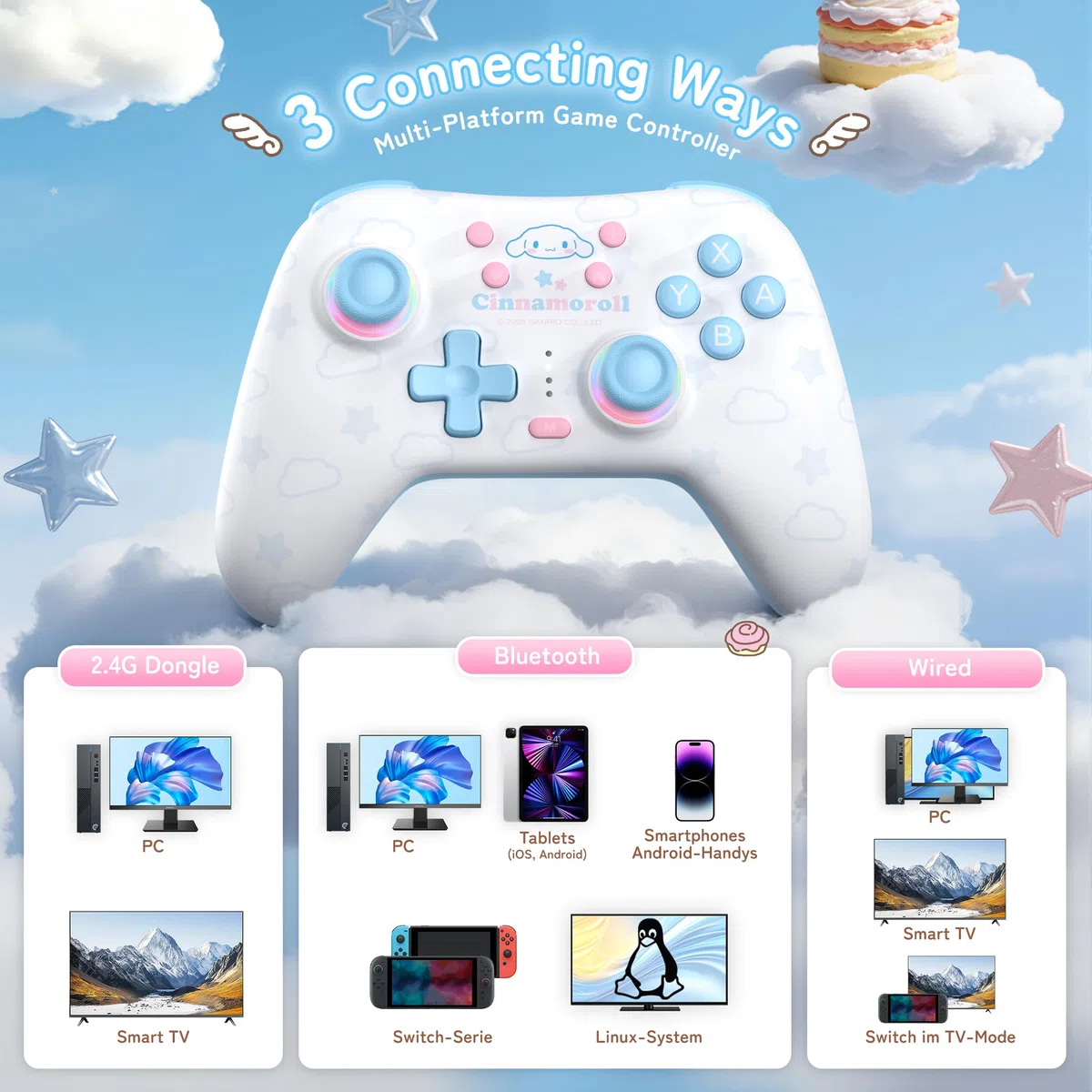 Kuitmor Wireless PC Controller mit RGB, Hall Effekt Joysticks, 1000 Hz, Turbo, Remappable Buttons, PC/Switch/iOS/Android/Linux, Blau Cinnamoroll