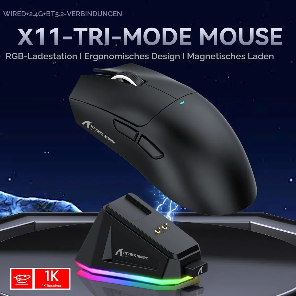 ATTACK SHARK X11 Gaming Mouse mit Magnetic Charging Dock, PixArt PAW3311 Sensor, 22000 DPI, BT/2.4G Wireless/Wired, Schwarz