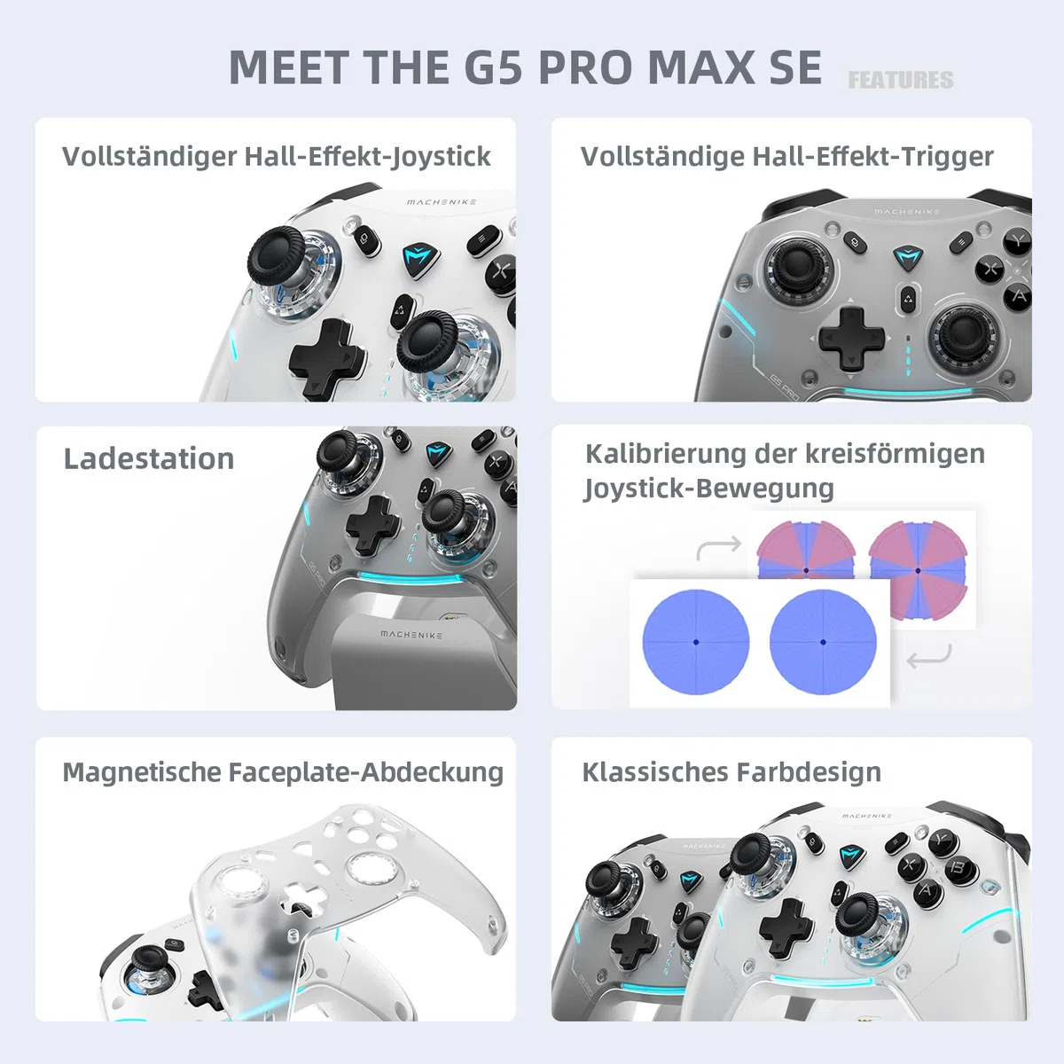 Machenike G5PROMAXSE Bluetooth Controller 1000Hz Hall Effect Joysticks Trigger Gaming Controller Wireless PC Switch iOS Android 2 Rücktasten Weiß